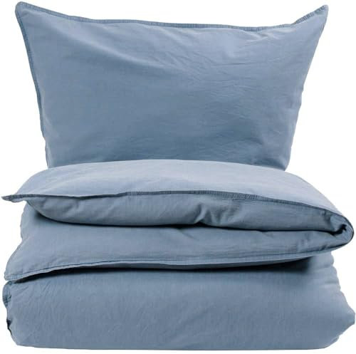 Knutzen Wohnen Bettwäsche 135x200 Baumwolle Blau - Stonewashed Leinen Optik - Baumwoll Bettwäsche mit Reißverschluss - Bettwäsche-Sets mit 1x Bettbezug 135x200 und 1x Kissenhülle 80x80