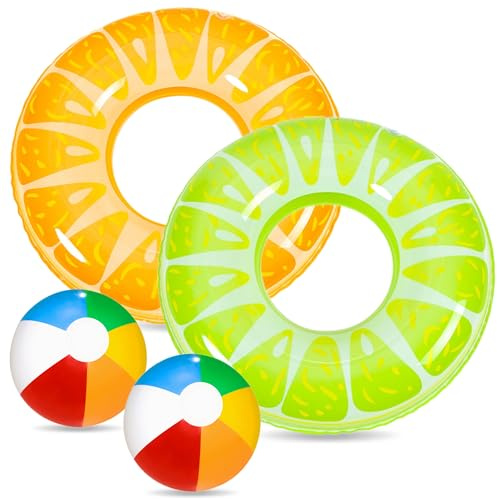 Chennyfun Gonflable Anneau de Natation 4 PCS Jouet, Matelas Gonflable D'été Eau Jouet pour Piscine Plage, avec Motif de Orange, Citron, avec 2 Ballon de Plage, Décoration pour Fête de Piscine