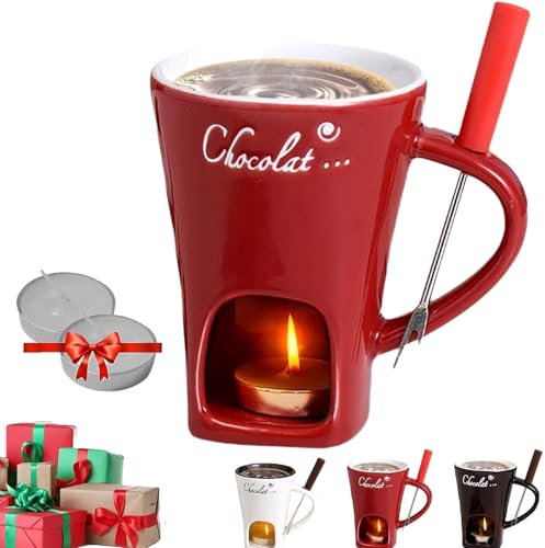 Fondue Cups Tealight, Fondue Mug, Chocolate Fondue Set, Fondue Mug Chocolate Melting Cup with Fork, Chocolate Fondue Cup for Cheese Caramel, Birthday & Wedding Gifts (Red)
