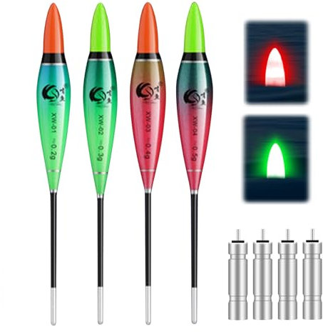 GZWY 4 Stück Led Posen Angeln, Leuchtposen Led Angelposen mit CR311 Akkus, Angelzubehör Set Bissanzeiger Angeln, Schwimmer Angeln, Angel Posen Set Mit Gravity Sensing Und Metall Basis