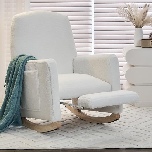 Soweiz Mecedora con taburete, sillón lounge con puf, mecedora de interior con respaldo alto, para sala de estar, tela teddy (Blanco, 67 x 126 x 98 cm)
