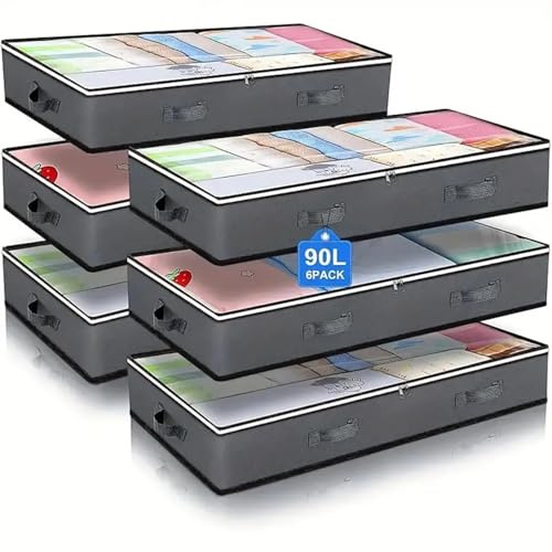 Under Bed Storage Bag 90L Pack Of 6 Large Foldable Under The Bed Storage Organiser For Clothes, Blankets, Bedding, Toys & Shoes - Storage Containers With Handles, Dual Zippers, & Clear Top. (6 Pack)