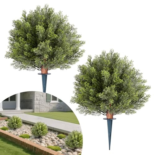 VEVOR Bola de Topiario Artificial de Ciprés para Exterior con Estaca, 406 mm, 2 uds, Plantas Artificiales, Arbustos de Imitación para Decoración, Porche, Patio, Jardín, Balcón y Patio Trasero