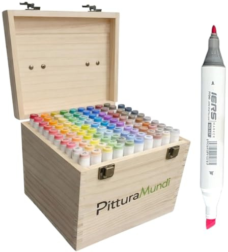 PitturaMundi Set 100 Pennarelli Professionali a Colori - Marcatori Doppia Punta Giapponese Fine e Larga - Marker ad Asciugatura Rapida e Colore Omogeneo - Set Artistico con Cassetta in Legno