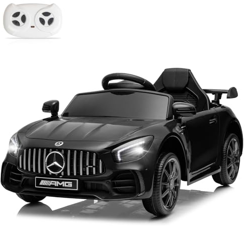 LALAHO Coche Mercedes AMG GTR 12V Negro Niños | Doble Motor, 3-5 km/h, 3-5 Años, MP3, Control Remoto, Coche Eléctrico para Niños