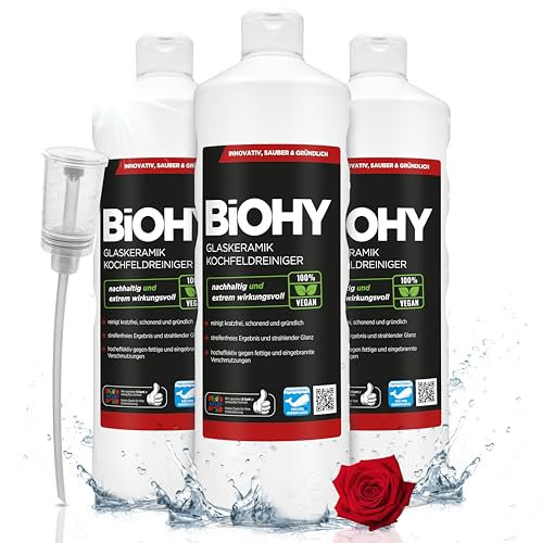 BiOHY Nettoyant pour plaques de Cuisson en vitrocéramique (3 x 1l Bouteille) + Distributeur | pour des plaques de Cuisson brillamment Propres (Kochfeldreiniger)