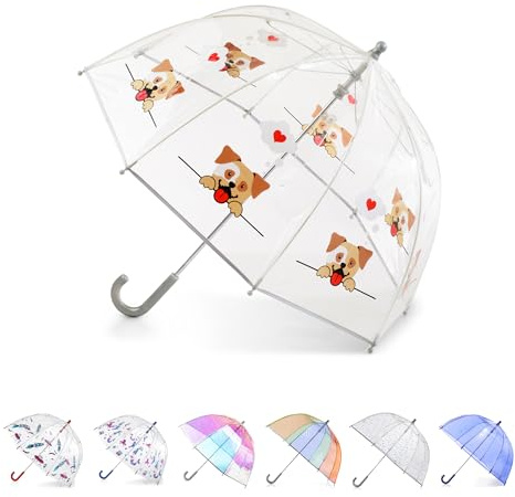 Totes Kids Clear Bubble Umbrella with Easy Grip Handle, Doggie Hearts, One Size, Kids Clear Bubble Umbrella with Easy Grip Handle for Boys and Girls