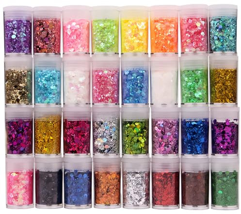 32PCS Colores Purpurina Gruesa Holográfica para Resina Epoxi, Purpurinas Polvo Decoración Manualidades, Paillettes Brillos Chunky, Brillos Corporales, Craft Glitter para Resina Epoxi, Cuerpo