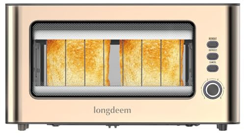 LONGDEEM Langschlitztoaster, hochwertiger Edelstahl Toaster mit großen Röstkammern und 1000 W Leistung, Einzigartiges Anzeige-Design, Auftauen und Erwärmen, Gold