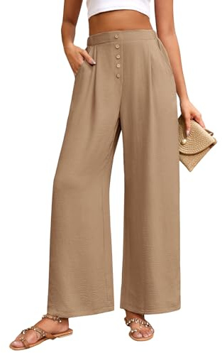 heekpek Womens Wide Leg Trousers Ladies Lightweight Lounge Trousers Button High Waist Summer Palazzo Pants Elasticated Waist Causal Trousers with Pockets, Khaki, L
