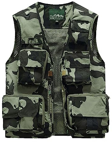 KBOPLEMQ Chaleco de pesca para hombre, chaleco de verano al aire libre con muchos bolsillos, chaleco multifunción para hombre, camuflaje, chaleco táctico para caza, pesca, camping, camuflaje