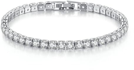 WATEFOER Pulsera de Tenis Plata Mujer, Chapado en Oro 18K 4mm Pulseras de Diamantes, Pulseras de Cristal Regalo para el Día de la Madre Cumpleaños Día de San Valentín (Plata, 17cm)