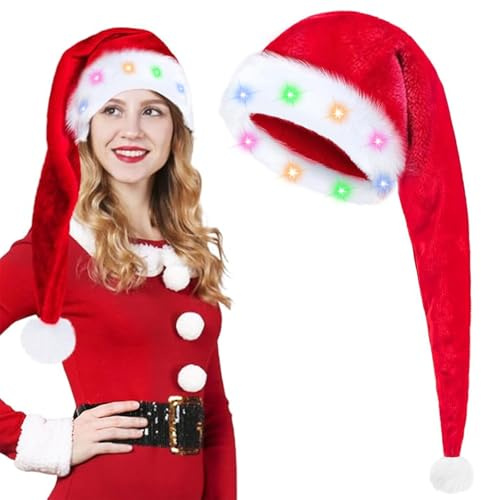 Bonnet de Noël long - Bonnet de Noël adulte - Avec lumières LED - Bonnet de Père Noël rouge en peluche avec bord en fourrure épaisse - Bonnet de Père Noël pour homme et femme