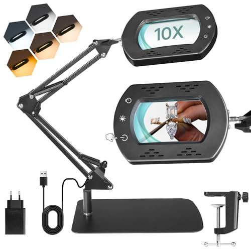GOEBLESON 10X Lampe Loupe de Bureau Table, avec Lumière Pince et Support