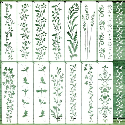 Qaestuan 14 Piezas Plantilla para Pintar Hojas, Reutilizables de Hojas y Flores, Lavables Plantilla de Planta, para Pintar en Madera, Pared, Muebles