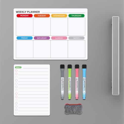 Magnetic Weekly Planner for Fridge, 2 Pcs Weekly Daily Fridge Whiteboard | Dry Erase Whiteboard, Includes 4 Markers & 1 Eraser, for Organising Daily Tasks, Meal Planning or Business Plans
