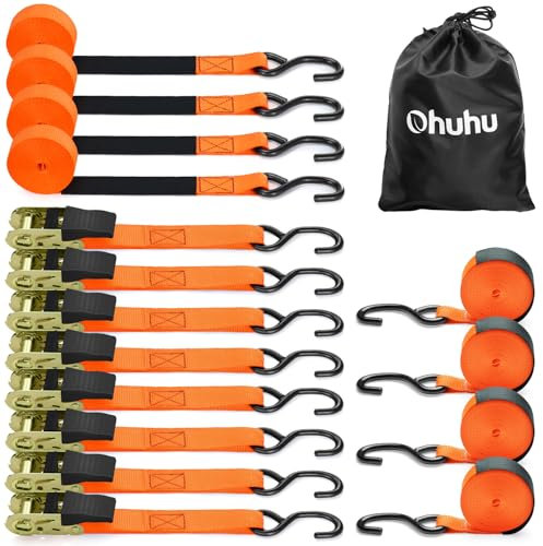 Sangle à cliquet 8 pièces, Ohuhu 680kg 4,6m Sangles de Serrage à cliquet Sangle d'arrimage avec tendeur à cliquet pour Le Transport Quotidien et Le Regroupement de Marchandises, Orange