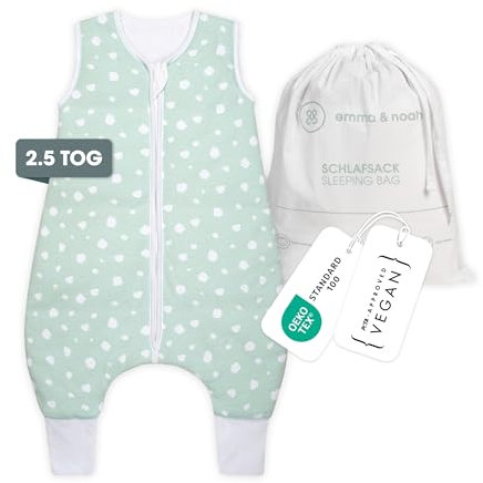 emma & noah Baby Schlafsack mit Füßen 2.5 TOG, Strampelsack für den Herbst und Winter, Bio-Baumwolle, Oeko-TEX Zertifiziert, Kuscheliger Schlafsack für Neugeborere (Punkte Mint, 90 cm)