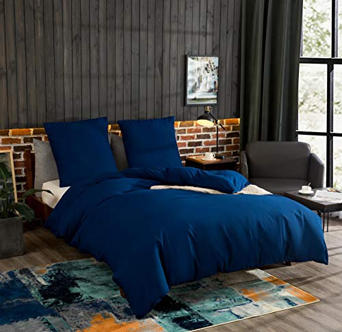 AYSW Bettwäsche gebürstet Microfaser 1 Bettbezug 135x200cm + 1 Kopfkissenbezug 80x80cm mit Reißverschluss Dunkelblau