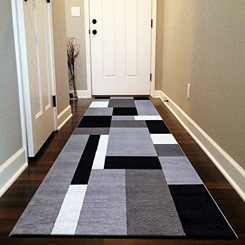 B&B Long Narrow Hall Runner Rug, Washable Hallways Carpet Runners Floor Protector dirt trapper kitchen floor mats (Kilas Grey Black, 60 cm x 220 cm)