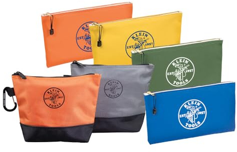 Klein Tools 80056 Tool Bag Storage Kit with Zipper Bag Stand-Up Tool Pouch and Canvas Tool Pouch, in Assorted Colors, 6-Piece