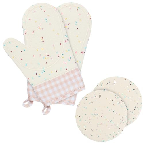 Ofenhandschuhe 1 Paar und 2 Topflappen, Silikon Topfhandschuhe, RISVOWO Anti-Rutsch Hitzebeständige Backofenhandschuhe, Backofen Mikrowellen Handschuhe für die Küche