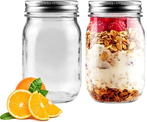 Showvigor 2 Pack Regular Mouth Mason Jars 16oz Glass Canning Jars with Airtight Lids for Preserving, Jam, Honey, Jelly, Wedding Favors, Sauces, Meal Prep, Overnight Oats, Salad