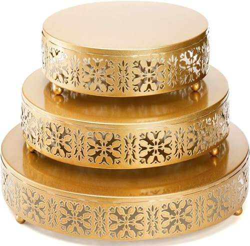 MEETOZ Juego de 3 soportes dorados para tartas, soportes redondos de metal para pasteles, soportes de postre, soportes de exhibición de cupcakes para bodas, cumpleaños, fiestas, aniversarios, patrón