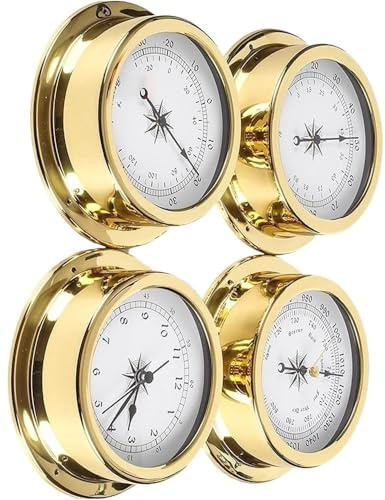 Ensemble de stations météorologiques avec baromètre, thermomètre, hygromètre et horloge - Design mural marin - Boîtier en laiton - Accessoire for bateau Ensemble de 4 stations météorologiques, portabl