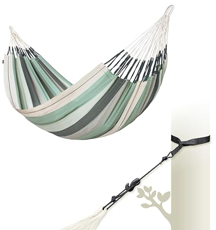LA SIESTA® Modesta Kingsize hängmatta i ekologisk bomull och träd och stolpe fäste - utomhus hängmatta med rem - bärbar hängmatta i bomull, 2-sits hängmatta duk för trädgård, balkong, pool - oliv
