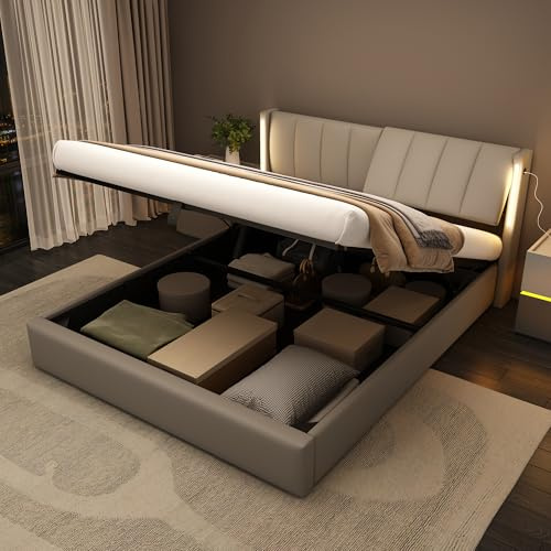 Oslghy Cama Tapizada de 180x200 cm, Cama Doble con LED e Interfaz USB, Bed Matrimonio con Espacio de Almacenamiento Hidráulico, Bed con Cabecero Ajustable y Lamas de Madera, PU, Gris, Sin Colchón
