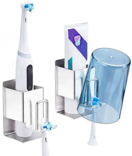 Soporte Cepillo de Dientes Eléctrico, 2 Piezas Porta Cepillo de Dientes, Soporte Cepillos de Dientes Pared, Soporte de Cepillos De Dientes Acero Inoxidable, Soporte Cabezales Cepillo de Baño (Plata,M)