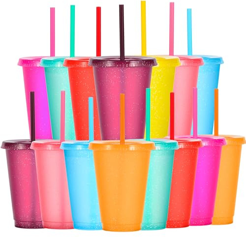 Yisituo Barnmugg med lock och sugrör, 15 stycken plastmuggar, drickkoppar barn för fester, camping, resor (15, färgglada)