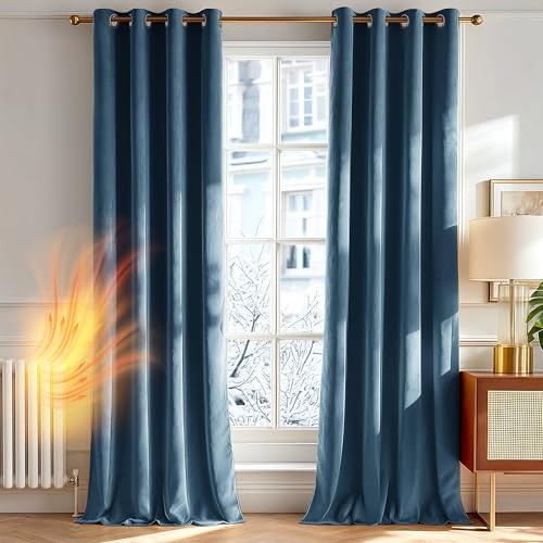 Deconovo Tende per Interni Eleganti in Velluto – Set di 2 Pannelli Moderni con Occhielli, 140x260 cm, Blu Grigio, Decorative per Finestre di Camera da Letto, Salotto e Soggiorno