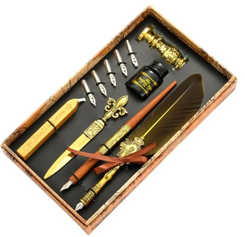 Yonuaret Fjäderkölbläckset – antik fjäderfjäder att skriva – förbättrat vaxsigillstämpelset med reservspetsar, penna lyx vintage signatur penna presentset