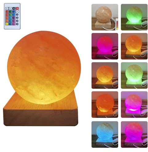 YZYOE Lampe de sel USB à dégradé de couleur - Base en bois massif - Décoration d'ambiance - Forme circulaire - Lampe de sel avec télécommande - Veilleuse en cristal naturel - Artisanat fait à la main.