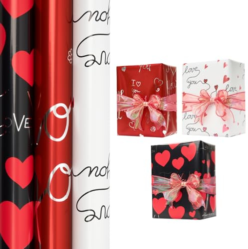 3 Rolls Valentines Wrapping Paper, 43cm*3M Heart Birthday Gift Wrap Set, for Valentine's Day, Anniversary, Wedding,Birthday, Bachelorette Party Gift Wrap Decoration