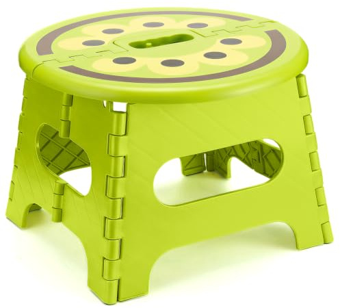 HOUSE DAY Folding Step Stool for Kids, 9 Inch Fruit Print Foldable Stool | Small Folding Stool with Non Slip Feet & Carry Handle, Collapsible Step for Bathroom, Kitchen, Playroom, Garden, Kiwi Green