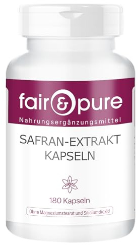 Fair & Pure Saffransextraktkapslar, 180 stycken, med vitamin B5, B6 och B12, veganskt kosttillskott utan tillsatser, tillverkat i Tyskland