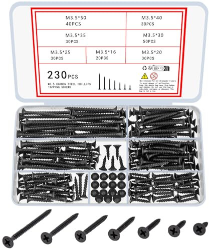 230 Pièces Vis à Bois Autotaraudeuses M3.5, Vis Autoperceuses, Vis Autoforeuse Tête Fraisée, Vis Autotaraudeuses Tête Plate Croisée Noires, Vis à Métaux, pour Cloisons Sèches Bois Meubles