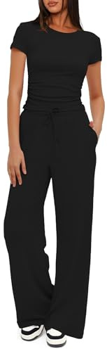Darong Women's 2 Piece Set Outfits Lounge Sets Ruched Short Sleeve Tops High Waisted Wide Leg Pants Tracksuit Sets 9042A(inseam28-29) Black M