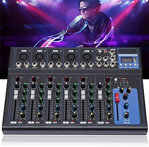 KEESUNG Bluetooth Audio Mixer 7 Kanal, DJ Mischpult Live Studio mit USB Sound Mixing Console Bluetooth Mischpult Musikmischpult Konsole Mixing VerstäRker Amplifier Mischkonsole 6 Musikmodi