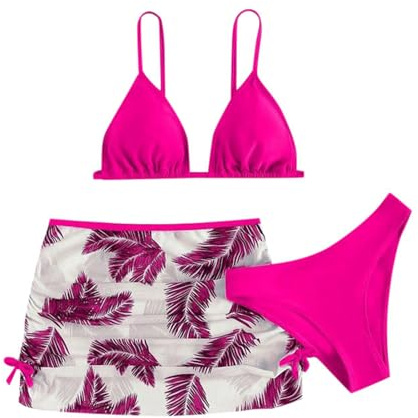 Maillot De Bain Enfant Fille Triangle 6-16 Ans Ensembles de Bikini 3 Pieces Haut De Maillot De Bain Rembourré + Tanga Ado Fille Tropical Plage Piscine Natation Vacances (Rose, 12-14 Ans)