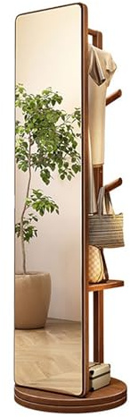 360° Rotatable Full Body Mirror, 2-in-1 Floor Mirrors and Coat Rack, Wood Full Length Mirror with Coat Rack, For Bedroom, Living Room