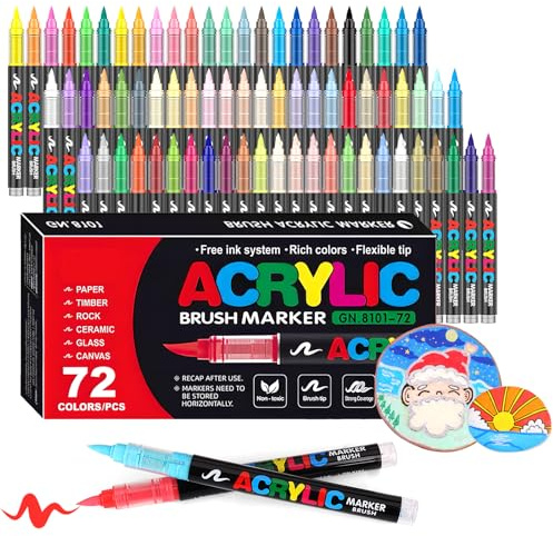 Laconile 72 Colours Accrylic Paint Brush Markers Set -Paint Pens Acrylic Markers for Rock Painting Cermic Glass Stone Metal Fabric, Water-based Acrylic Paint Pens with 1-5MM Flexible Brush Tip