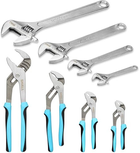 SHALL 8-Piece Adjustable Wrench & Water Pump Pliers Set, 12/10/8/6 Inch, 4Pcs Adjustable Tongue and Groove Joint Pliers and 4Pcs Wide Jaw Forged Steel Wrench for Plumbing, Gripping, Auto Home Repair