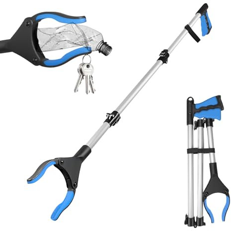 GROFIS 110cm Pinza Telescopica Pieghevole, Testa Rotante 360° Pinza Prensile in Alluminio e Gomma, Raccoglitore di Immondizia con Punte Magnetiche, Pinza Raccogli Rifiuti per Giardino, Parco, Casa