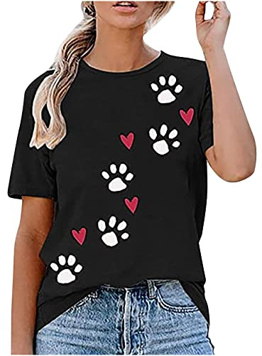 Camiseta para mujer con huella de perro y corazón, cuello redondo, manga corta, para tiempo libre, verano, Negro , XL
