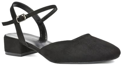ESSEX GLAM Women's Ankle Strap Court Shoes Ladies Block Low Heel Square Toe Black Faux Suede Strappy Heels Size 5