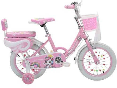 Unicorn Bow Girls Bike Pink Purple, 12/14/16/18/20 Inch, Kids Bike, Children's Bicycle, Child Road Adjustable 2-12 Years Old, Training Wheel, Stabilisers, Basket, Tool Kit (Pink, 14 inch)
